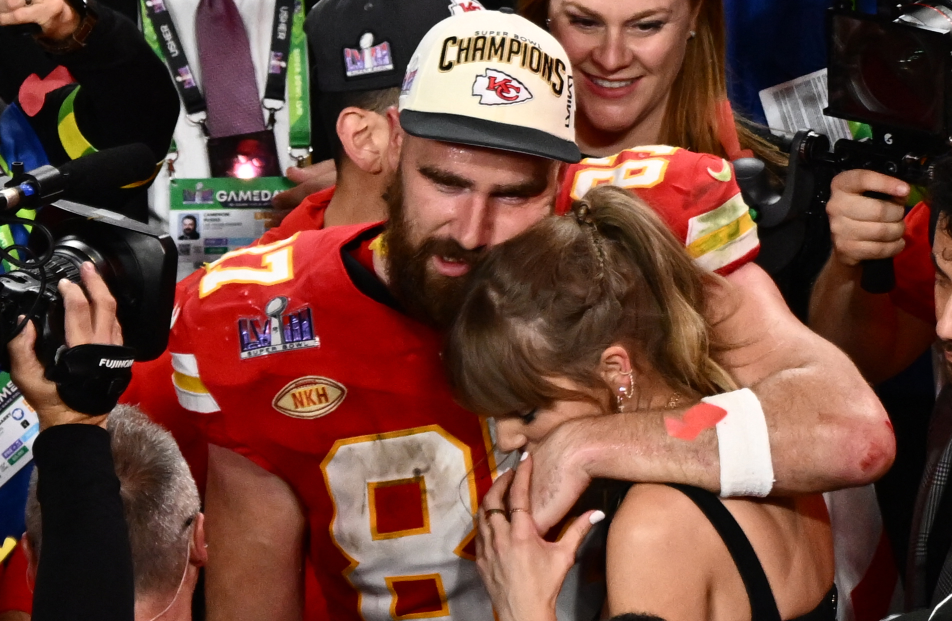 Travis Kelce and Taylor Swift during the Super Bowl LVIII in Las Vegas, Nevada on February 11, 2024 | Source: Getty Images