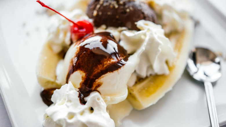 Banana split with hot fudge