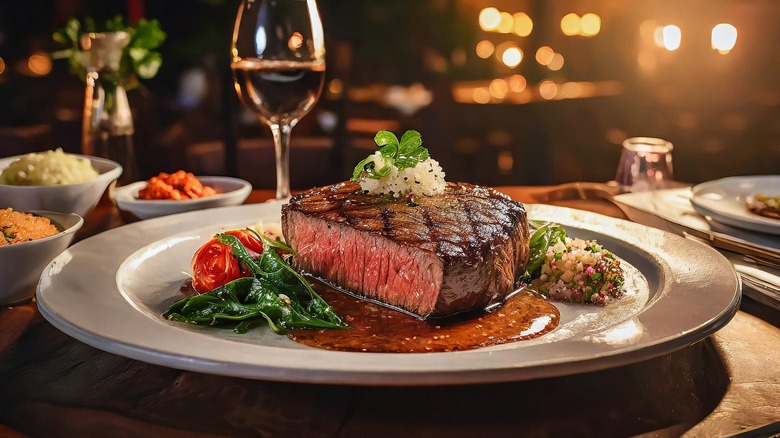 Cooked steak on a plate with accompanying side dishes and glass of wine